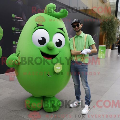 Personnage De Costume De Mascotte Redbrokoly De Prune Verte Habillé Avec Un Jean Boyfriend Et Des Montres Intelligentes