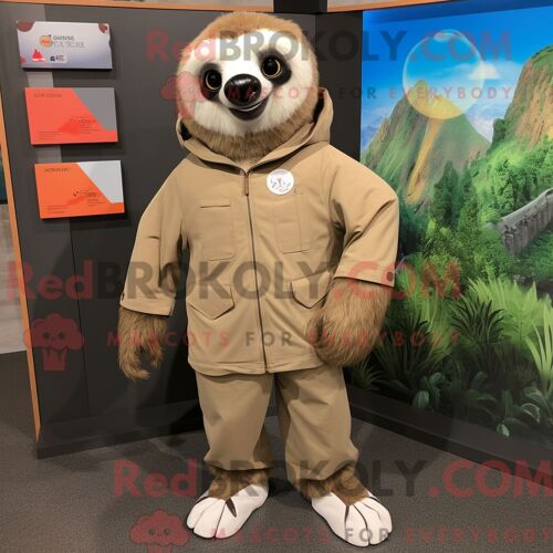 Costume De Mascotte Redbrokoly De Tan Sloth Habillé Avec Un Coupe-Vent Et Des Pinces À Chaussures