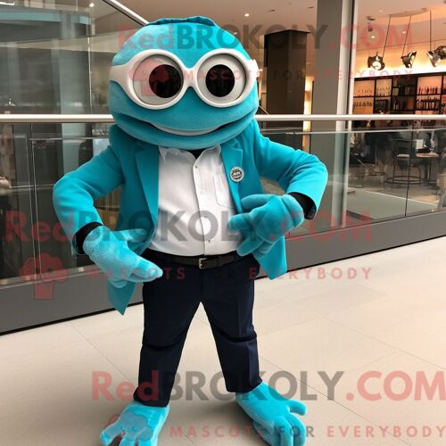Costume De Mascotte Redbrokoly De Gâteaux De Crabe Turquoise Habillé D Un Blazer Et D Un Bracelet De Montres