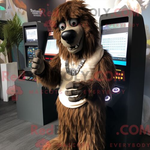 Mascotte Redbrokoly De Loup-Garou Marron Habillé D Un Cardigan Et De Montres Numériques