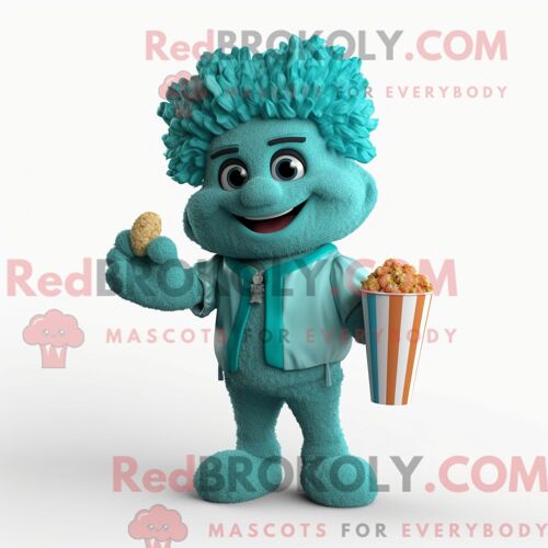 Costume Mascotte Redbrokoly Pop Corn Bleu Sarcelle Habillé Avec Un Gilet Et Des Bracelets