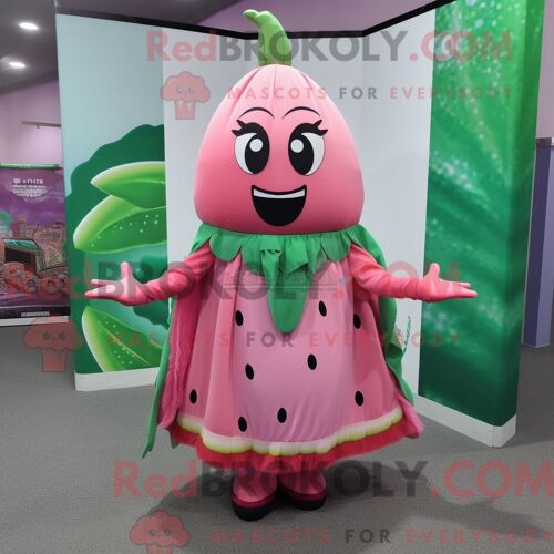 Costume Mascotte Redbrokoly De Pastèque Rose Personnage Habillé Avec Un Chemisier Et Des Châles