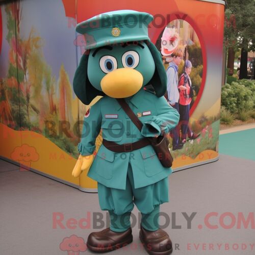 Costume De Mascotte Redbrokoly De Béret Vert Sarcelle Habillé D Une Jupe Trapèze Et D Épingles À Chapeau