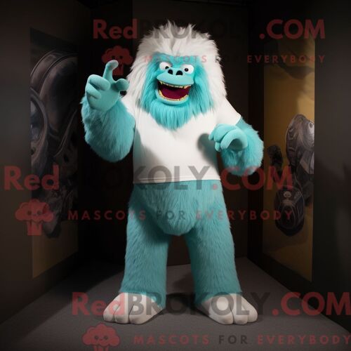 Costume De Mascotte Redbrokoly De Yéti Turquoise Personnage Habillé Avec Un Polo Et Des Boutons De Manchette