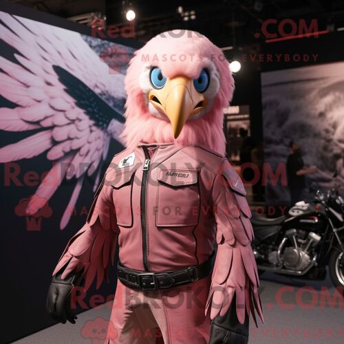 Costume De Mascotte Redbrokoly De Pygargue À Tête Blanche Rose Habillé D Une Veste De Moto Et De Pinces À Cheveux