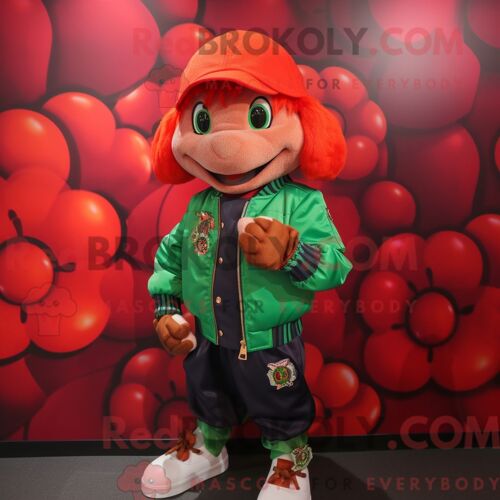 Personnage De Costume De Mascotte Redbrokoly Red Bunch Of Shamrocks Habillé Avec Un Blouson Aviateur Et Des Montres-Bracelets