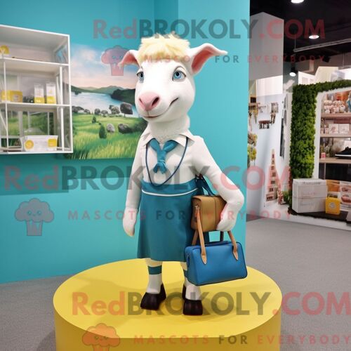 Personnage De Costume De Mascotte Redbrokoly De Chèvre Boer Cyan Habillé Avec Une Jupe Crayon Et Des Sacs Fourre-Tout