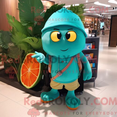 Costume Mascotte Redbrokoly De Mangue Turquoise Habillé Avec Un Bikini Et Des Sacs À Dos