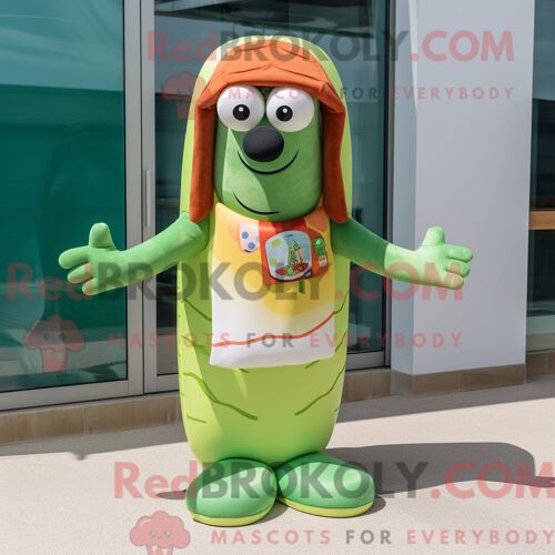 Costume De Mascotte Redbrokoly De Hot Dog Vert Personnage Habillé Avec Un Maillot De Bain Et Des Épingles À Chapeau