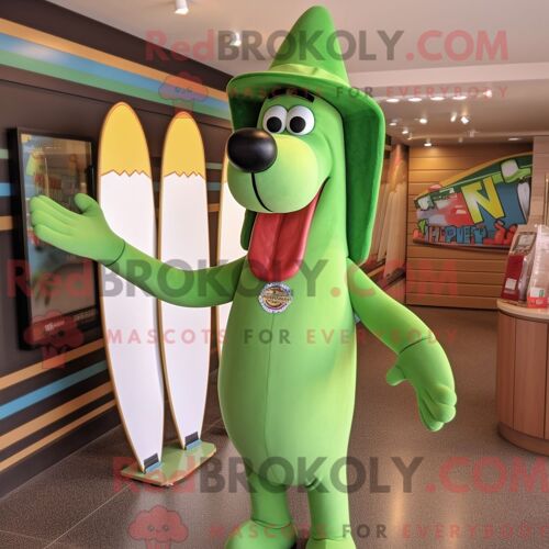 Costume De Mascotte Redbrokoly De Hot Dog Vert Personnage Habillé Avec Un Maillot De Bain Et Des Épingles À Chapeau