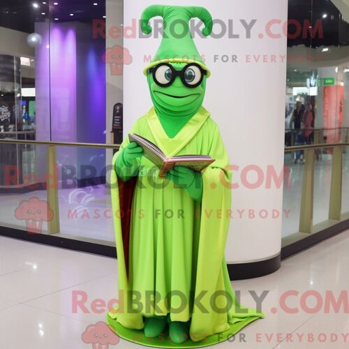 Costume De Mascotte Redbrokoly De Magicien Vert Citron Habillé D Une Robe Taille Empire Et De Lunettes De Lecture