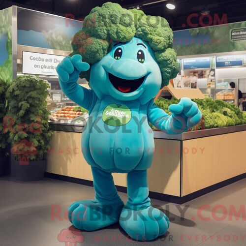 Costume Mascotte Redbrokoly De Brocoli Cyan Habillé D Une Jupe-Culotte Et De Gants