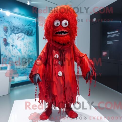Costume De Mascotte Redbrokoly De Mort-Vivant Rouge Habillé D Un Imperméable Et D Épingles À Cheveux