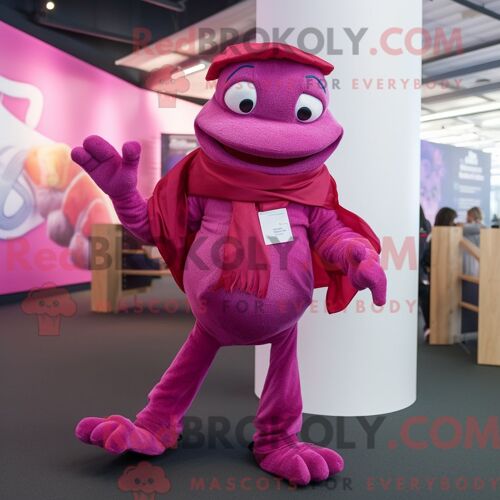 Costume De Mascotte Redbrokoly De Grenouille Magenta Personnage Habillé D Un Jean Évasé Et D Écharpes