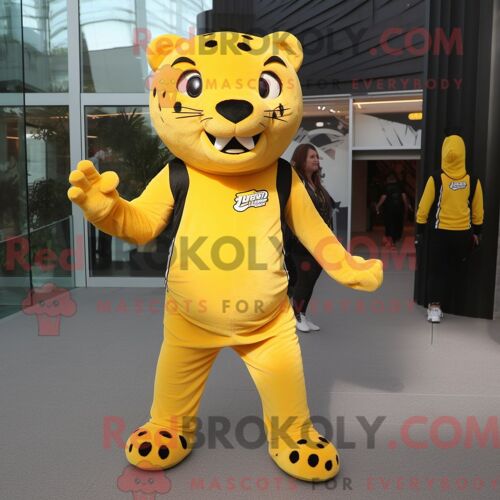 Mascotte Redbrokoly De Jaguar Jaune Costume Personnage Habillé D Un Pantalon De Jogging Et D Une Pochette
