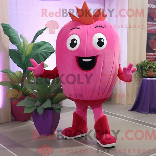 Costume Mascotte Redbrokoly De Betterave Rose Personnage Habillé Avec Un Jean Skinny Et Des Coussinets Pour Les Pieds