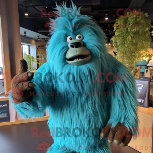 Costume De Mascotte Redbrokoly De Sasquatch Bleu Sarcelle Habillé D Une Chemise Habillée Et De Pinces À Cheveux