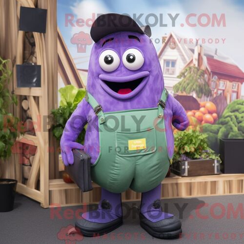 Costume De Mascotte Redbrokoly De Concombre Violet Habillé D Une Salopette Et De Bretelles