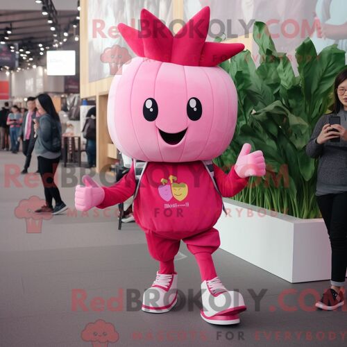 Costume Mascotte Redbrokoly De Betterave Rose Personnage Habillé Avec Un Jean Skinny Et Des Coussinets Pour Les Pieds