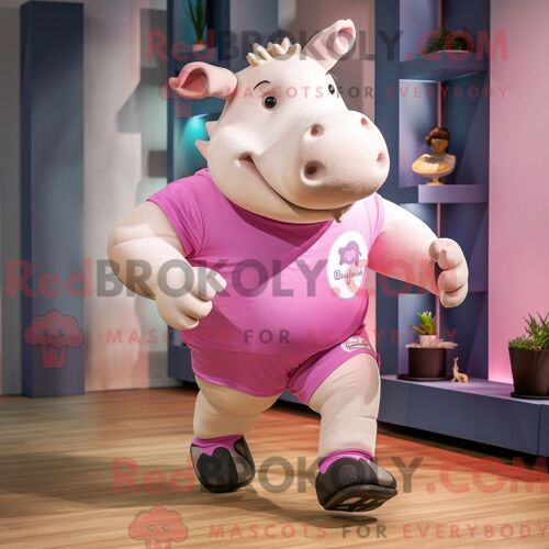 Costume De Mascotte Redbrokoly De Rhinocéros Rose Personnage Habillé D Un Short De Course Et D Épingles À Cravate