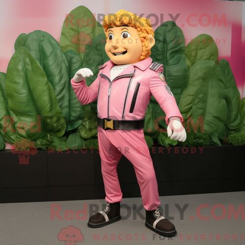 Costume De Mascotte Redbrokoly De Salade César Rose Personnage Habillé D Une Veste En Cuir Et De Bracelets De Cheville
