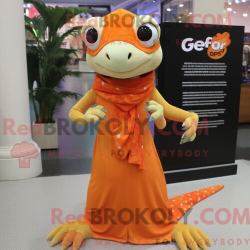 Costume De Mascotte Redbrokoly De Geckos Orange Personnage Habillé Avec Une Robe Taille Empire Et Des Clips Pour Écharpe