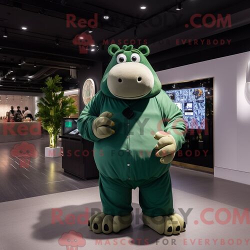 Mascotte Redbrokoly D Hippopotame Vert Forêt Personnage Habillé Avec Une Combinaison Et Des Montres Connectées