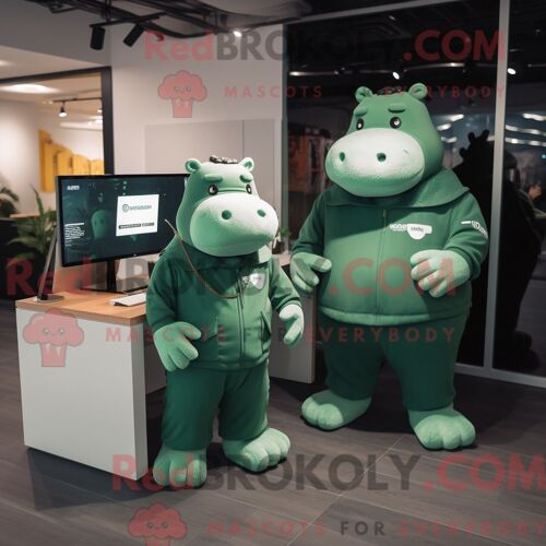 Mascotte Redbrokoly D Hippopotame Vert Forêt Personnage Habillé Avec Une Combinaison Et Des Montres Connectées