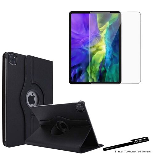 Housse Etui Noir Pour Apple Ipad Pro 12,9 2020 Coque Avec Support Rotatif 360° + Film De Protection En Verre Trempé Avec Stylet Toproduits®