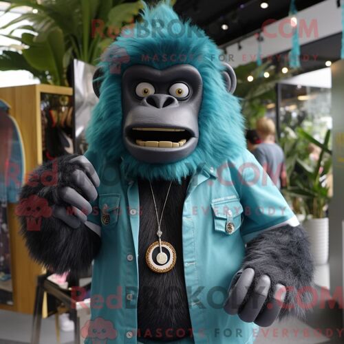 Costume De Mascotte Redbrokoly De Gorille Bleu Sarcelle Habillé D Un T-Shirt Henley Et De Broches