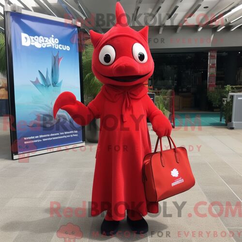 Personnage De Costume De Mascotte Redbrokoly D Espadon Rouge Habillé D Une Robe Longue Et De Sacs Fourre-Tout