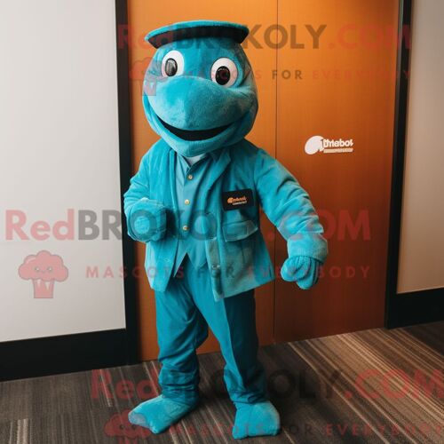 Costume Mascotte Redbrokoly Jambalaya Turquoise Personnage Habillé D Un Col Roulé Et De Pochettes De Costume