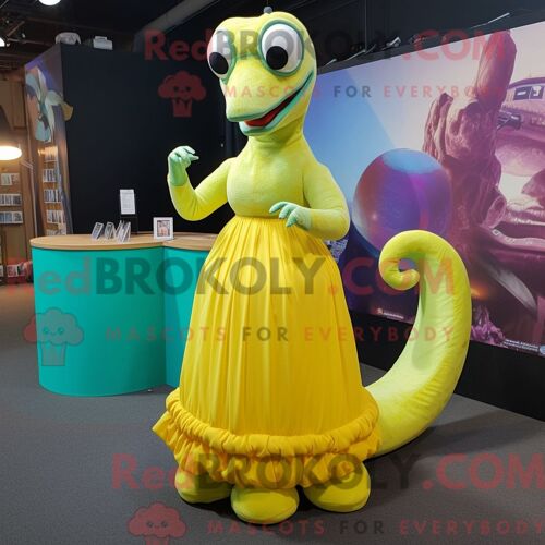 Costume De Mascotte Redbrokoly De Monstre Du Loch Ness Jaune Citron Personnage Habillé Avec Une Jupe Et Des Bracelets
