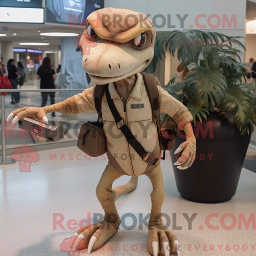 Costume De Mascotte Redbrokoly Tan Dimorphodon Habillé Avec Un Jegging Et Des Sacs Messager