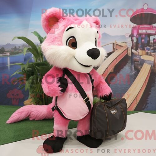 Personnage Mascotte Redbrokoly De Skunk Rose Habillé Avec Un Short Cargo Et Des Sacs À Main
