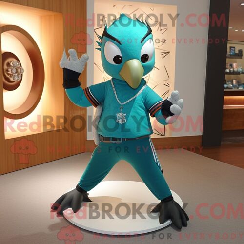 Costume Mascotte Redbrokoly De Faucon Turquoise Personnage Habillé Avec Un Pantalon De Yoga Et Des Broches