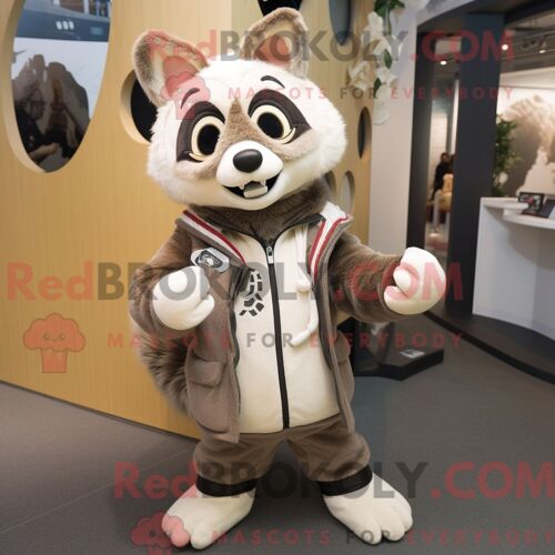 Costume De Mascotte Redbrokoly De Raton Laveur Crème Habillé D Un Sweat À Capuche Et D Écharpes