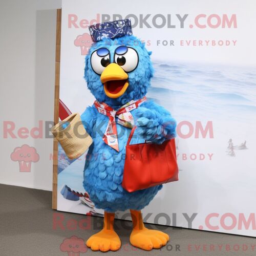 Personnage De Costume De Mascotte Redbrokoly De Poulet Frit Bleu Habillé Avec Un Short Et Des Pochettes