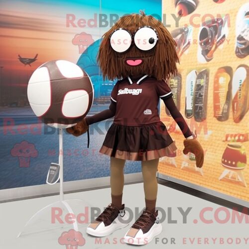 Personnage De Costume De Mascotte Redbrokoly De Ballon De Volley-Ball Marron Habillé Avec Un Bikini Et Des Pinces À Chaussures