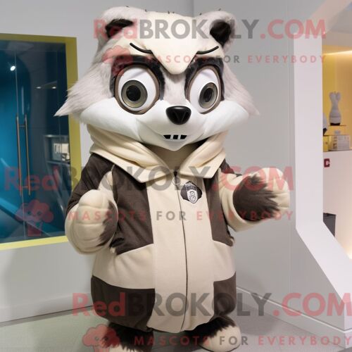 Costume De Mascotte Redbrokoly De Raton Laveur Crème Habillé D Un Sweat À Capuche Et D Écharpes
