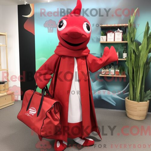 Personnage De Costume De Mascotte Redbrokoly D Espadon Rouge Habillé D Une Robe Longue Et De Sacs Fourre-Tout
