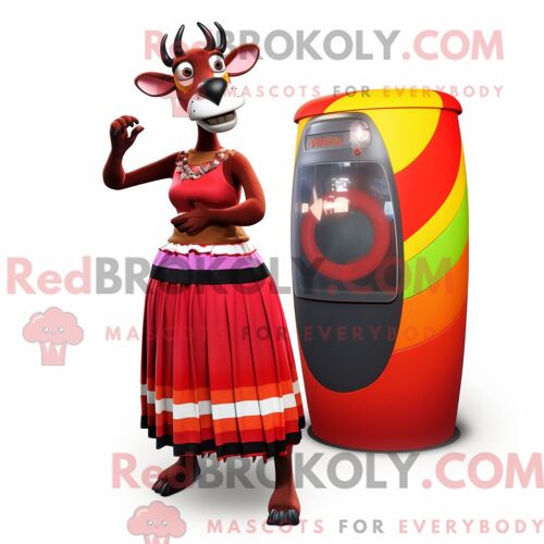 Costume Mascotte Redbrokoly D Okapi Rouge Habillé D Une Jupe Longue Et D Anneaux
