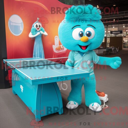 Costume De Mascotte Redbrokoly De Table De Ping-Pong Turquoise Personnage Habillé D Une Robe Et D Un Bracelet De Montres