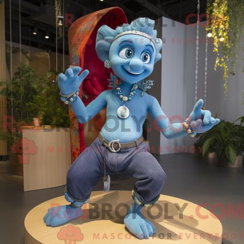 Costume De Mascotte Redbrokoly De Contorsionniste Cyan Habillé D Un Short En Jean Et De Colliers