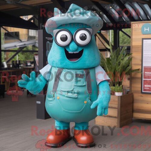 Costume Mascotte Redbrokoly De Goulash Bleu Sarcelle Habillé D Une Salopette Et De Lunettes