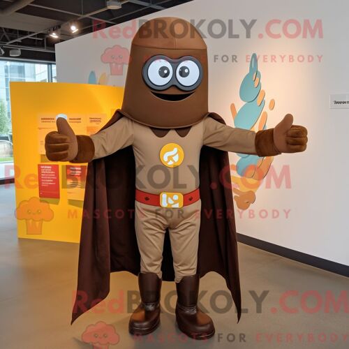Costume De Mascotte Redbrokoly De Super-Héros Marron Habillé D Un Manteau Et De Cravates