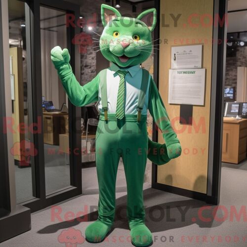 Costume Mascotte Redbrokoly De Chat Vert Habillé D Un Cardigan Et De Bretelles