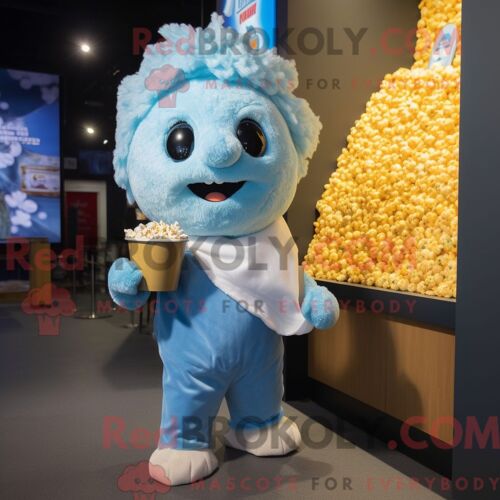 Costume De Mascotte Redbrokoly Pop Corn Bleu Ciel Habillé D Une Combishort Et D Épingles À Châle
