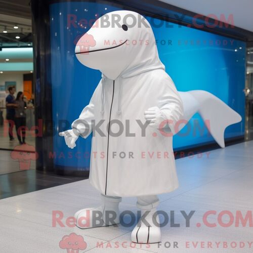 Personnage De Costume De Mascotte Redbrokoly De Baleine Blanche Habillé D Un Imperméable Et De Bracelets De Cheville