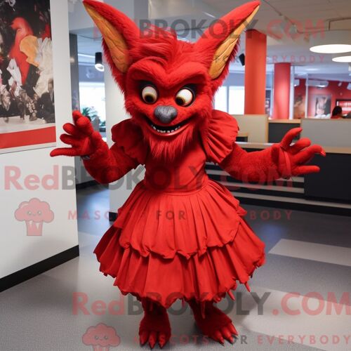 Costume Mascotte Redbrokoly De Chupacabra Rouge Personnage Habillé Avec Une Jupe Plissée Et Des Épingles À Cheveux